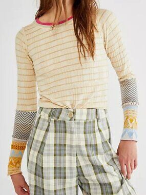 Free People We the Free Striped Alpine Cuff Waffle Tee Women's Small Indie Boho